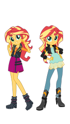 Size: 1080x1920 | Tagged: safe, artist:greywolf2021, imported from derpibooru, sunset shimmer, human, equestria girls, boots, clothes, curvy, denim, duo, duo female, female, geode of empathy, hand on hip, humanized, jacket, jeans, long hair, looking at you, magical geodes, my little pony equestria girls: better together, pants, shirt, shoes, siblings, simple background, smiling, smiling at you, teenager, transparent background, twins, two fingered salute, two toned hair, vector