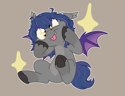 Size: 1191x913 | Tagged: safe, artist:bluemoon, artist:starshade, imported from derpibooru, oc, oc only, bat pony, pony, :p, base used, bat pony oc, bat wings, cute, ear fluff, ear piercing, earring, fangs, holding head, jewelry, male, piercing, simple background, sitting, slit pupils, solo, sparkles, spread wings, stallion, starry eyes, tongue out, wingding eyes, wings