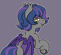 Size: 1226x1104 | Tagged: safe, artist:bluemoon, imported from derpibooru, oc, oc only, oc:shadow bite, bat pony, pony, bat pony oc, bat wings, ear fluff, fangs, looking back, male, raised leg, simple background, slit pupils, smiling, smirk, stallion, tail, wings