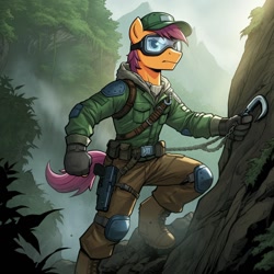 Size: 1024x1024 | Tagged: safe, imported from derpibooru, scootaloo, anthro, pegasus, unguligrade anthro, ai content, ai generated, alpine, boots, clothes, cosplay, costume, female, g.i. joe, generator:google imagen 3.0, gloves, goggles, gun, handgun, hat, hook, mountain, mountain trooper, mountaineering, pistol, prompter:zerowinger, rope, shoes, solo, weapon