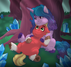 Size: 1649x1557 | Tagged: safe, artist:faitheverlasting, imported from derpibooru, izzy moonbow, sprout cloverleaf, earth pony, pony, unicorn, bracelet, bridlewood, chubby, commissioner:puffydearlysmith, crystal, cuddling, cute, duo, duo male and female, female, forest, friendship bracelet, g5, head on lap, hoof heart, horn, hug, izzybetes, izzysprout, jewelry, looking at each other, looking at someone, male, mare, nature, shipping, smiling, smiling at each other, sproutbetes, stallion, straight, tree, underhoof, unshorn fetlocks