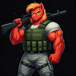 Size: 1024x1024 | Tagged: safe, imported from derpibooru, big macintosh, anthro, earth pony, ai content, ai generated, black background, clothes, cosplay, costume, g.i. joe, generator:google imagen 3.0, great macintosh, gun, machine gun, male, muscles, prompter:zerowinger, roadblock, simple background, solo, weapon