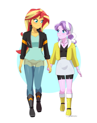 Size: 963x1225 | Tagged: safe, artist:riouku, imported from derpibooru, diamond tiara, sunset shimmer, human, equestria girls, blushing, boots, bracelet, clothes, commission, compression shorts, dress, duo, duo female, female, high heel boots, holding hands, jacket, jewelry, leather, leather jacket, looking at each other, looking at someone, looking down, looking up, necklace, shoes, simple background, skirt, solo, white background