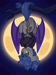 Size: 1535x2048 | Tagged: safe, artist:anxietymonstrr, imported from derpibooru, oc, oc only, oc:shadow bite, bat pony, pony, bat pony oc, bat wings, clothes, crossed arms, crossed legs, ear piercing, earring, fangs, hanging, hanging upside down, jewelry, male, moon, necktie, night, piercing, prehensile tail, shirt, slit pupils, spread wings, stallion, tail, tree branch, upside down, wings