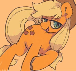 Size: 1679x1563 | Tagged: safe, artist:numetalalicorn, imported from derpibooru, applejack, earth pony, pony, applejack's hat, cowboy hat, female, hat, heart, heart eyes, lidded eyes, looking at you, mare, open mouth, open smile, orange background, simple background, smiling, smiling at you, solo, tied hair, unshorn fetlocks, wingding eyes