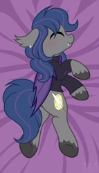 Size: 1170x2047 | Tagged: safe, artist:sweet cream, imported from derpibooru, oc, oc only, oc:shadow bite, bat pony, pony, bat pony oc, bat wings, blushing, body pillow, body pillow design, clothes, ear fluff, ear piercing, earring, eyes closed, fangs, folded wings, jewelry, lying down, necktie, on side, piercing, shirt, smiling, solo, wings