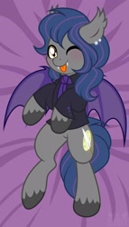 Size: 1170x2047 | Tagged: safe, artist:sweet cream, imported from derpibooru, oc, oc only, oc:shadow bite, bat pony, pony, :p, bat pony oc, bat wings, blushing, body pillow, body pillow design, closed eye, clothes, ear fluff, ear piercing, earring, fangs, jewelry, lying down, necktie, on back, piercing, shirt, smiling, solo, spread wings, tongue out, wings