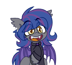 Size: 1318x1188 | Tagged: safe, artist:nekro-led, imported from derpibooru, oc, oc only, oc:shadow bite, bat pony, pony, bat pony oc, bat wings, clothes, cute, ear piercing, earring, eye clipping through hair, eyebrows, eyebrows visible through hair, fangs, jewelry, male, necktie, open mouth, open smile, piercing, pink background, shirt, simple background, smiling, solo, spread wings, stallion, teeth, transparent background, wings