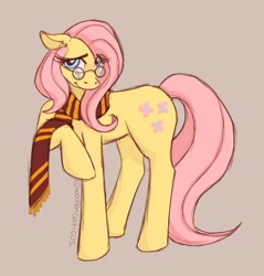 Size: 1373x1435 | Tagged: safe, artist:wolfencaticus, imported from derpibooru, fluttershy, pony, clothes, cosplay, costume, crossover, eyebrows, eyebrows visible through hair, female, floppy ears, glasses, gray background, harry potter, harry potter (series), looking at you, mare, raised hoof, scarf, signature, simple background, smiling, smiling at you, solo, wingless