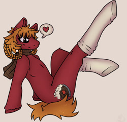 Size: 828x797 | Tagged: safe, artist:firecrackercove, oc, oc only, oc:foxwhelp, earth pony, pony, braid, brown eyes, clothes, commission, female, foxwhelp, ginger mane, heart, mare, photo, raised leg, red coat, scarf, sitting, sitting like human, socks, solo