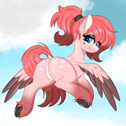 Size: 3000x3000 | Tagged: safe, artist:marbatra, imported from derpibooru, pegasus, butt, coat markings, dock, featureless crotch, female, flying, goth, grin, looking back, ponytail, rear view, smiling, solo, tail, unshorn fetlocks, wings