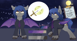 Size: 3728x2008 | Tagged: safe, artist:lexbunsfw, imported from derpibooru, oc, oc only, oc:shadow bite, bat pony, bat pony oc, bat wings, clothes, cutie mark, ear fluff, ear piercing, earring, fangs, jewelry, male, moon, night, piercing, raised hoof, reference sheet, shirt, side view, simple background, slit pupils, solo, spread wings, stallion, text, transparent background, wings