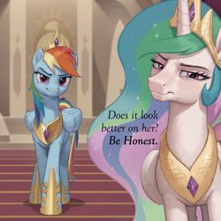 Size: 3072x3072 | Tagged: safe, imported from derpibooru, princess celestia, rainbow dash, alicorn, pegasus, pony, ai content, ai generated, crown, duo, duo female, female, horseshoes, indoors, jewelry, prompter:jasedward, question, regalia, smug, squint