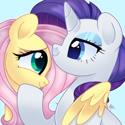 Size: 4000x4000 | Tagged: safe, artist:fizzlefer, imported from derpibooru, fluttershy, rarity, earth pony, pegasus, pony, colored pupils, duo, duo female, female, flarity, hoof on chin, lesbian, light blue background, looking at each other, looking at someone, mare, shipping, simple background, smiling, smiling at each other, wing around shoulder