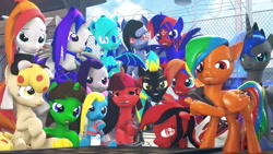 Size: 1920x1080 | Tagged: safe, artist:runic_the_wolf, oc, oc only, oc:cuteamena, oc:midnight grave, oc:runic, oc:starry, bat pony, pony, 3d, bat pony oc, bat wings, clothes, female, group photo, male, mare, socks, stallion, striped socks, wings