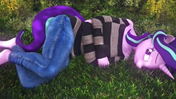 Size: 1920x1080 | Tagged: safe, artist:runic_the_wolf, starlight glimmer, anthro, 3d, breasts, clothes, feet, female, lying down, solo