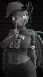 Size: 1080x1920 | Tagged: safe, artist:runic_the_wolf, oc, oc only, oc:runic, anthro, bat pony, 3d, bat pony oc, bat wings, breasts, clothes, female, finger on mouth, looking at you, monochrome, wings