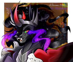 Size: 1400x1200 | Tagged: safe, artist:legendaryshadee, imported from derpibooru, king sombra, pony, unicorn, bust, ethereal mane, evil grin, fangs, grin, horn, male, portrait, signature, smiling, solo, sombra eyes, stallion