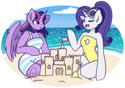 Size: 4664x3280 | Tagged: safe, artist:lolitablue, imported from derpibooru, rarity, twilight sparkle, alicorn, semi-anthro, arm hooves, beach, clothes, duo, ocean, sandcastle, signature, swimsuit, twilight sparkle (alicorn), water