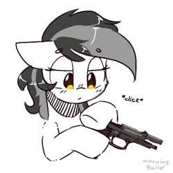 Size: 2000x2000 | Tagged: safe, artist:morningbullet, imported from derpibooru, oc, oc only, oc:noot, pony, beretta 92fs, dexterous hooves, gun, handgun, onomatopoeia, pistol, simple background, solo, sound effects, weapon, white background