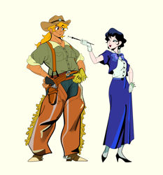 Size: 2466x2644 | Tagged: safe, artist:bixels, imported from derpibooru, applejack, rarity, human, boots, chaps, cigarette, cigarette holder, clothes, cowboy boots, duo, duo female, female, gun, hand on hip, handgun, height difference, high heels, holster, humanized, jacket, lesbian, light skin, lipstick, natural hair color, pincushion, rarijack, revolver, shipping, shoes, simple background, skirt, spurs, suspenders, tan skin, the grand galloping 20s, weapon, white background