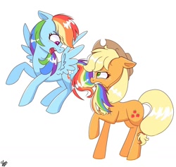 Size: 1372x1302 | Tagged: safe, alternate version, artist:galaxy swirl, imported from derpibooru, applejack, rainbow dash, earth pony, pegasus, pony, appledash, applejack's hat, biting, blushing, cowboy hat, duo, duo female, female, flying, freckles, hat, lesbian, mare, open mouth, shipping, simple background, spread wings, tail, tail bite, white background, wings