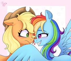 Size: 1214x1036 | Tagged: safe, artist:galaxy swirl, imported from derpibooru, applejack, rainbow dash, earth pony, pegasus, pony, appledash, applejack's hat, blushing, boop, cowboy hat, duo, duo female, eye contact, female, freckles, grin, hat, heart, lesbian, looking at each other, looking at someone, mare, nose wrinkle, noseboop, shipping, smiling, smiling at someone, spread wings, wings