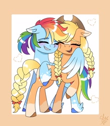 Size: 1782x2048 | Tagged: safe, artist:galaxy swirl, imported from derpibooru, applejack, rainbow dash, earth pony, pegasus, pony, alternate hairstyle, appledash, applejack's hat, blushing, braid, braided pigtails, braided tail, cheek squish, cowboy hat, duo, duo female, eyes closed, female, freckles, hat, heart, hug, lesbian, mare, open mouth, open smile, pigtails, raised hoof, shipping, smiling, squishy cheeks, tail, winghug, wings