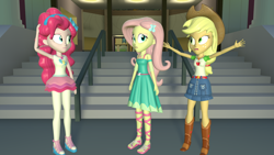 Size: 2048x1152 | Tagged: safe, artist:gaelgaming1, imported from derpibooru, applejack, fluttershy, pinkie pie, human, equestria girls, 3d, canterlot high, female, source filmmaker, trio, trio female