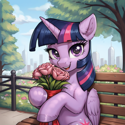 Size: 1024x1024 | Tagged: safe, imported from derpibooru, twilight sparkle, ai content, ai generated, bench, eyebrows, eyebrows visible through hair, flower, generator:pony diffusion v6 xl, generator:stable diffusion, hug, prompter:thelight3d