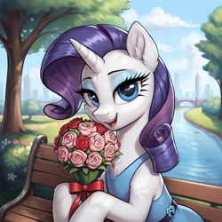 Size: 1024x1024 | Tagged: safe, imported from derpibooru, rarity, ai content, ai generated, bench, clothes, dress, flower, generator:pony diffusion v6 xl, generator:stable diffusion, makeup, prompter:thelight3d, river, water