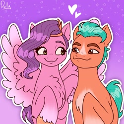 Size: 2048x2048 | Tagged: safe, artist:the-fucking-cannibal, imported from derpibooru, hitch trailblazer, pipp petals, earth pony, pegasus, pony, chest fluff, duo, duo male and female, female, friendshipping, g5, heart, high res, looking at each other, looking at someone, male, mare, not shipping, outline, spread wings, stallion, white outline, wings