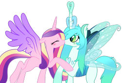 Size: 2147x1459 | Tagged: safe, artist:fillyfool, imported from derpibooru, princess cadance, queen chrysalis, alicorn, changedling, changeling, blushing, cadalis, duo, eyelashes, eyes closed, female, floppy ears, flying, gradient mane, gradient tail, green blush, green eyes, height difference, holding, horn, infidelity, insect wings, kiss on the lips, kissing, lesbian, mare, purified chrysalis, raised hoof, raised leg, shipping, simple background, spread wings, tail, transparent background, wide eyes, wings