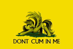 Size: 1280x854 | Tagged: safe, artist:meotashie, edit, imported from twibooru, rainbow dash, pegasus, pony, backwards cutie mark, blushing, chest fluff, cum inside rainbow dash, don't tread on me, female, flag, fluffy, gadsden flag, image, iwtcird, libertarian, mare, meme, png, simple background, smiling, solo, spread wings, stretching, wings, yellow background