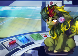 Size: 3986x2863 | Tagged: safe, artist:2pandita, imported from derpibooru, oc, oc only, kirin, air traffic control, air traffic controller, chair, headphones, kirin oc, ocean, sitting, solo, unshorn fetlocks, water