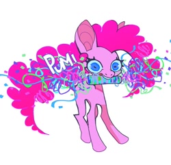 Size: 908x877 | Tagged: safe, artist:cutesykill, imported from derpibooru, pinkie pie, earth pony, pony, big ears, blue eyes, blue sclera, colored pinnae, colored sclera, concave belly, confetti, curly mane, curly tail, eyelashes, female, long legs, mare, missing cutie mark, mouth hold, onomatopoeia, pink coat, pink mane, pink tail, rectangular pupil, simple background, slender, solo, tail, teeth, thin, thin legs, three quarter view, white background, wide eyes