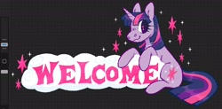 Size: 2048x1009 | Tagged: safe, artist:beyhr, imported from derpibooru, twilight sparkle, pony, unicorn, art program in frame, bangs, banner, digital art, eye clipping through hair, eyelashes, female, grid background, horn, looking back, mare, patterned background, pink text, pixel art, procreate app, purple coat, purple eyes, shiny mane, shiny tail, sitting, smiling, solo, sparkles, starry eyes, straight mane, straight tail, three toned mane, three toned tail, unicorn horn, unicorn twilight, welcome, wingding eyes