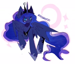 Size: 2126x1812 | Tagged: safe, artist:emoboy130, imported from derpibooru, princess luna, alicorn, pony, abstract background, bandaid, blue eyes, blue eyeshadow, colored pinnae, crown, ear fluff, ear piercing, earring, ethereal mane, eyelashes, eyeshadow, female, flying, frown, hoof shoes, horn, jewelry, long eyelashes, long horn, long mane, long tail, makeup, mare, partially open wings, peytral, piercing, princess shoes, raised hoof, regalia, signature, solo, sparkles, starry mane, starry tail, tail, three quarter view, tiara, two toned mane, two toned tail, unicorn horn, wavy mane, wavy tail, wings