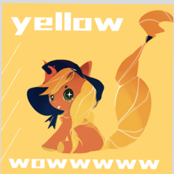 Size: 1080x1080 | Tagged: safe, artist:mengmao422, imported from derpibooru, oc, earth pony, pony, brown coat, english, lineless, no eyes, orange coat, simple background, sitting, solo, text, yellow background