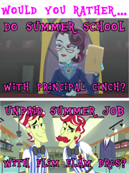 Size: 928x1244 | Tagged: safe, imported from derpibooru, screencap, flam, flim, principal abacus cinch, human, a case for the bass, equestria girls, brothers, clothes, duo, female, flim flam brothers, folder, glasses, looking at you, male, my little pony equestria girls: friendship games, my little pony equestria girls: rainbow rocks, siblings, would you rather