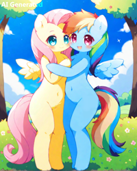 Size: 800x1000 | Tagged: safe, imported from derpibooru, fluttershy, rainbow dash, pegasus, pony, semi-anthro, ai content, ai generated, bipedal, cute, daaaaaaaaaaaw, dashabetes, duo, duo female, female, generator:stable diffusion, prompter:darkfire681, shyabetes