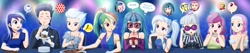 Size: 3808x800 | Tagged: safe, artist:uotapo, color edit, edit, editor:overlord 2, imported from derpibooru, cup cake, fleetfoot, lotus blossom, minuette, photo finish, rainbow dash, sonata dusk, trixie, equestria girls, clothes, colored, cute, food, gloves, pizza, skin color edit, toothpaste