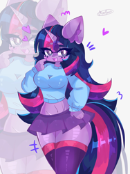 Size: 768x1024 | Tagged: safe, artist:lovekawaiibix, imported from derpibooru, twilight sparkle, anthro, pony, unicorn, 2024, breasts, clothes, cute, female, hair, high res, horn, legwear, mane, mare, midriff, multicolored mane, multicolored tail, purple body, skirt, socks, solo, tail, thigh highs, twiabetes, unicorn twilight, zoom layer