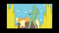 Size: 3840x2160 | Tagged: safe, artist:appulman, applejack, oc, oc:anon, pony, altar, artistic nudity, black magick ss, fire, parody, ponified, semi-ponified, stars