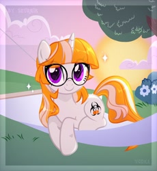 Size: 1884x2048 | Tagged: safe, artist:seurnik, oc, oc only, pony, female, glasses, looking at you, lying down, mare, nature, sunset