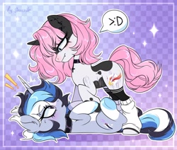 Size: 2048x1738 | Tagged: safe, artist:seurnik, oc, oc only, pony, blushing, duo, duo female, female, leg warmers, looking at each other, mare, on back