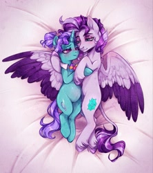 Size: 1817x2048 | Tagged: safe, artist:seurnik, oc, oc only, pony, blushing, duo, duo female, female, looking at each other, mare, on back