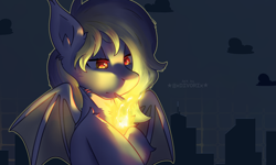 Size: 3807x2285 | Tagged: safe, artist:divori, imported from derpibooru, oc, oc only, oc:cigarette smoke, bat pony, bat pony oc, bat wings, burn, chest fluff, depressed, ear fluff, female, fire, glowing, glowing eyes, mare, smoking, solo, thinking, wings