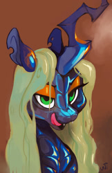 Size: 1711x2646 | Tagged: safe, artist:eiinhornis, edit, imported from twibooru, queen chrysalis, changeling, changeling queen, /mlp/, 4chan, bedroom eyes, bust, drawthread, fangs, female, image, licking, licking lips, looking at you, needs more jpeg, open mouth, scales, shiny, signature, solo, tongue out