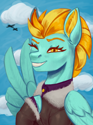 Size: 1560x2100 | Tagged: safe, artist:mr.catfish, imported from derpibooru, lightning dust, pegasus, pony, equestria at war mod, clothes, eaw redux, female, mare, military uniform, outdoors, smiling, solo, teeth, uniform, wings, yellow eyes, yellow mane